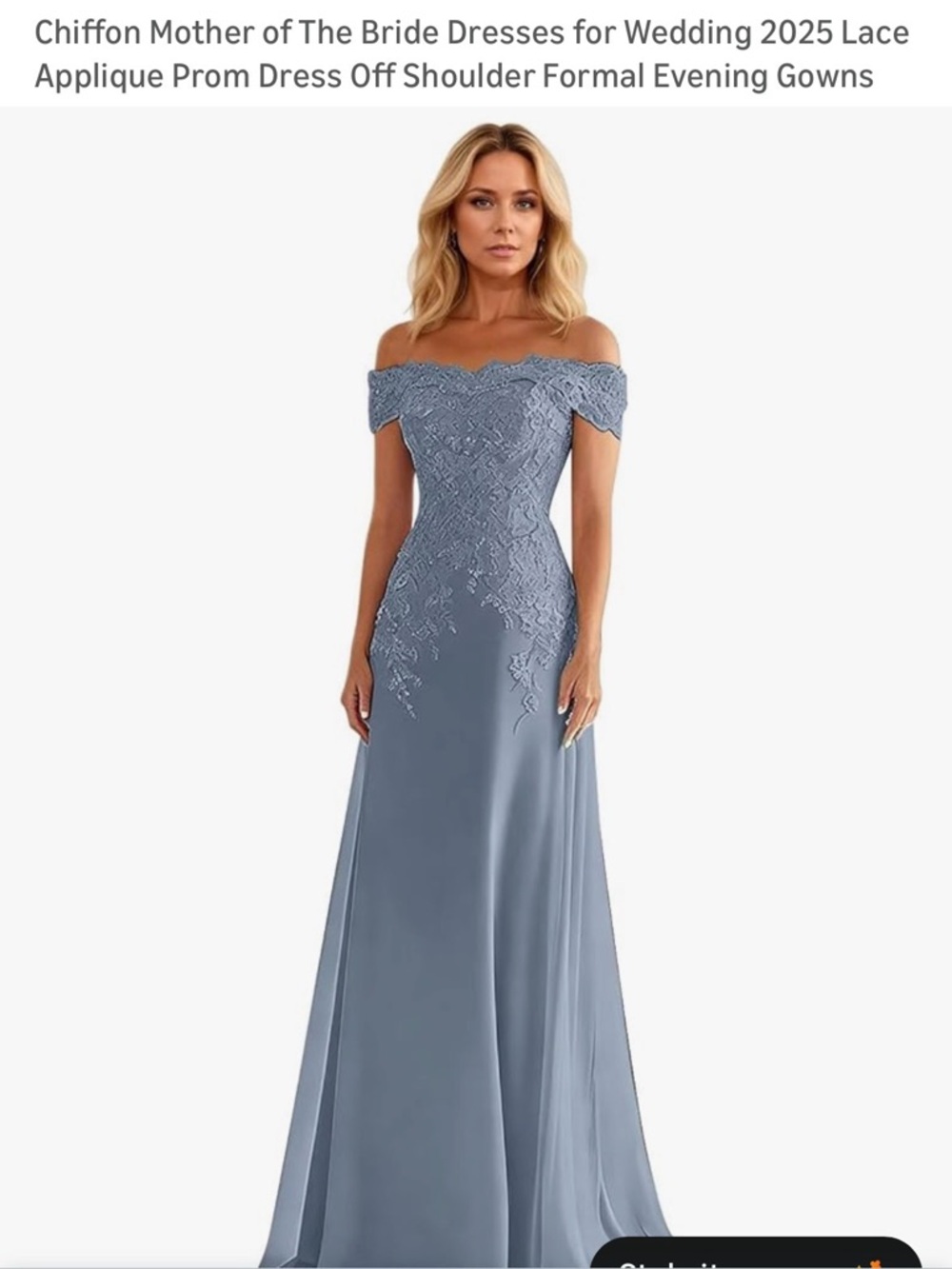 Off-Shoulder Lace Applique Evening Dress in Dusty Blue